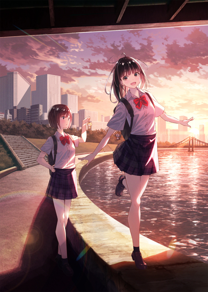 2girls :o ahoge backpack bag black_hair black_skirt black_socks bow bowtie bridge brown_footwear building bush carrying_bag collared_shirt concrete grass highres holding koh_rd lake miniskirt multiple_girls open_mouth orange_sky original plaid plaid_skirt pleated_skirt purple_sky red_bow red_eyes school_uniform serafuku shirt skirt sky smile socks stairs standing sunlight sunset walking white_shirt