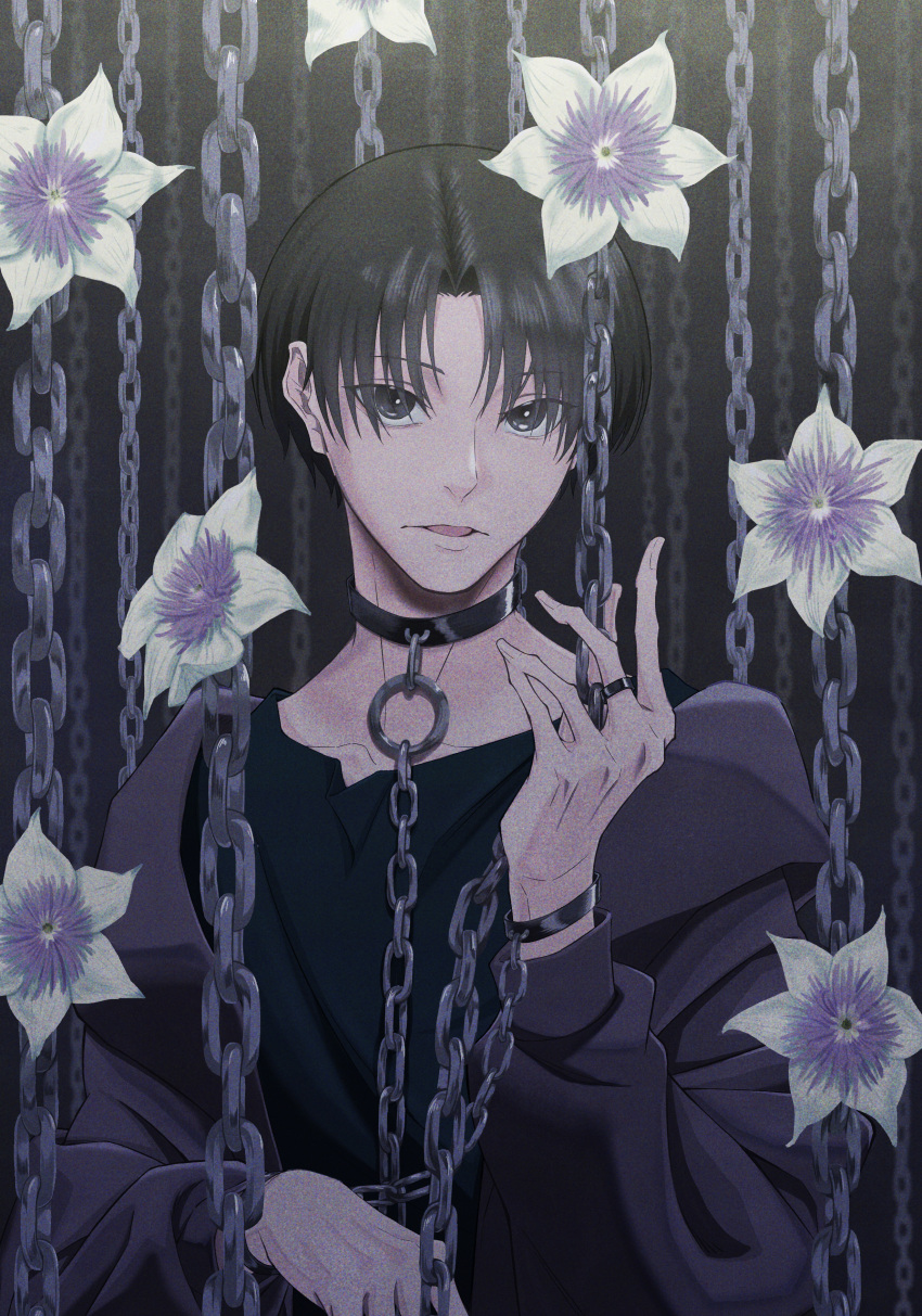 1girl absurdres bangs black_choker black_eyes black_hair black_shirt breasts chain choker collarbone flower grey_jacket highres jacket looking_at_viewer o-ring original parted_bangs shirt short_hair small_breasts solo upper_body zudxpnz