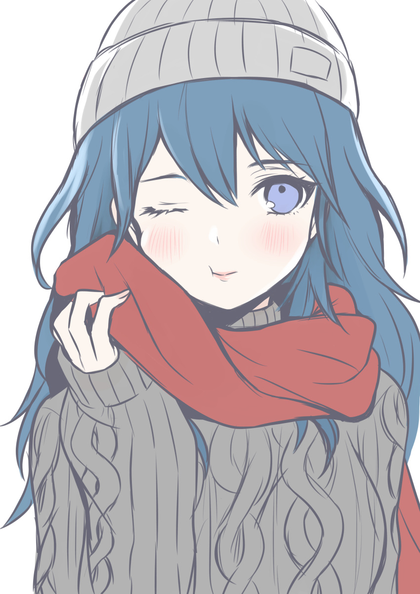 1girl :t absurdres aran_sweater bangs banned_artist beanie blue_eyes blue_hair blush breasts byleth_(fire_emblem) byleth_eisner_(female) closed_mouth commentary_request eyelashes fingernails fire_emblem fire_emblem:_three_houses hair_between_eyes hand_up hat highres large_breasts light_smile long_hair long_sleeves looking_up one_eye_closed red_scarf scarf shimizu_akina simple_background sleeves_past_wrists solo sweater turtleneck turtleneck_sweater upper_body winter_clothes