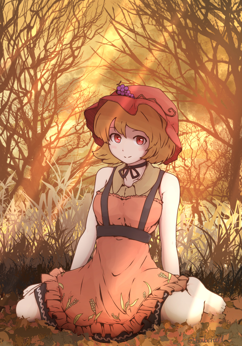 1girl aki_minoriko apron barefoot blonde_hair closed_mouth food fruit full_body grapes grass highres kakera_(comona_base) light_rays looking_at_viewer outdoors red_apron red_eyes short_hair sitting sleeveless smile solo touhou tree wariza wheat_print