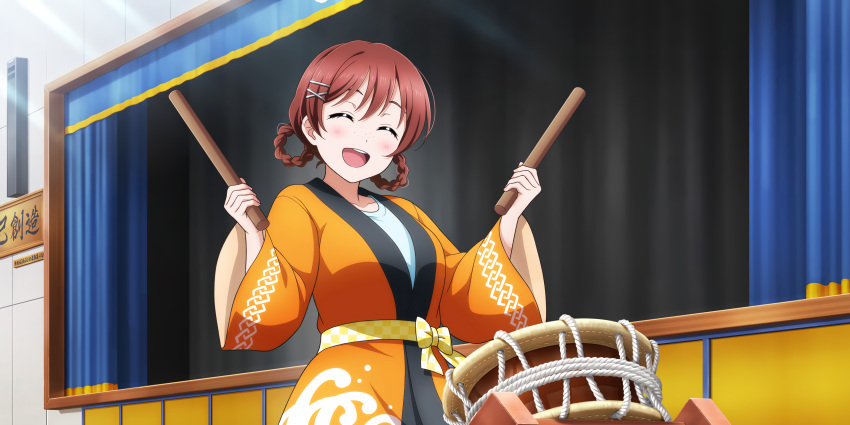 closed_eyes emma_verde love_live!_school_idol_festival_all_stars redhead short_hair smile yukata