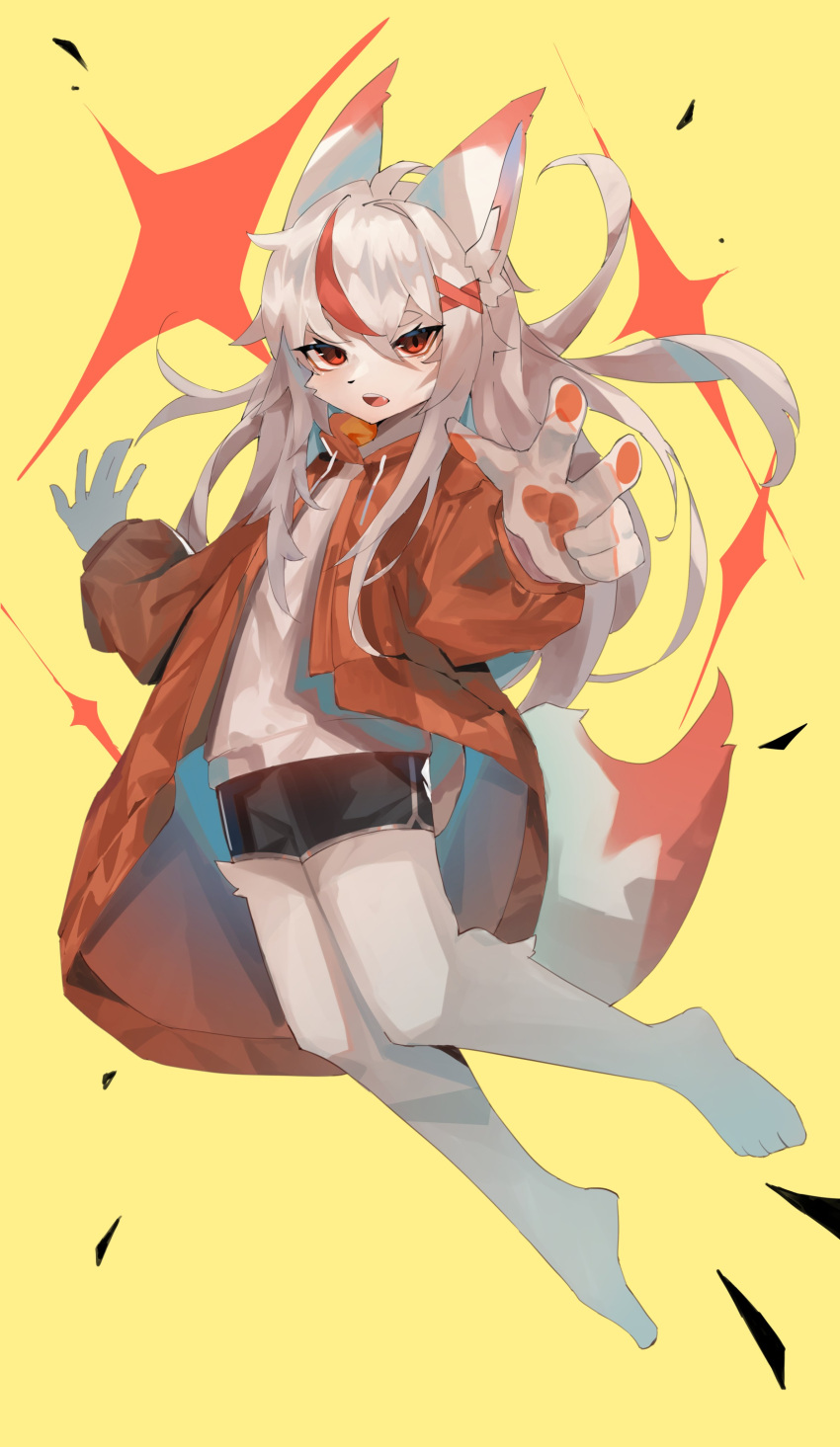 absurdres animal_ears bandages barefoot black_pants fox fox_ears fox_girl furry furry_female highres jacket mohi_(sibamohi1223) open_mouth original pants red_pupils star_(symbol) white_fur white_hair