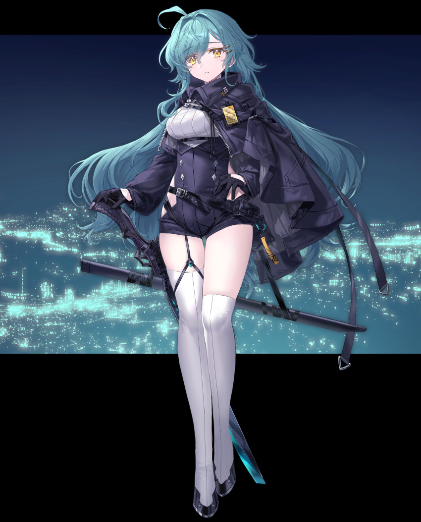 1girl absurdres ahoge aqua_hair bangs black_coat black_gloves black_shorts closed_mouth coat coat_on_shoulders floating_hair frown full_body gloves hair_between_eyes hair_intakes hand_on_hilt hand_on_hip high-waist_shorts highres hip_vent long_hair looking_at_viewer original sheath sheathed shichigatsu shiny shiny_hair short_shorts shorts solo standing sword thigh-highs thigh_gap thigh_strap very_long_hair weapon white_thighhighs yellow_eyes