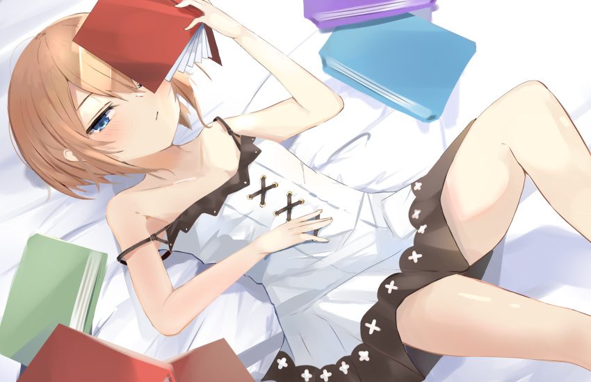 1girl :/ bare_legs bare_shoulders bimmy blanc_(neptune_series) blue_eyes blush book book_on_head breasts brown_hair dress from_above from_side hand_on_own_stomach highres knee_up looking_at_viewer lying medium_hair neptune_(series) object_on_head on_back on_bed sleepy small_breasts solo spaghetti_strap strap_slip thighs white_dress