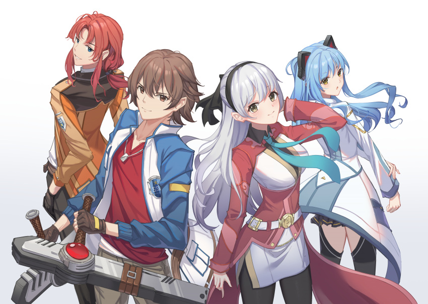 2boys 2girls absurdres al_guang ao_no_kiseki blue_eyes blue_hair brown_eyes brown_hair coat dog_tags eiyuu_densetsu elie_macdowell fingerless_gloves gloves hand_in_pocket highres holding holding_weapon jacket lloyd_bannings long_hair looking_at_viewer multiple_boys multiple_girls necktie randolph_orlando redhead short_hair smile thigh-highs tio_plato tonfa weapon yellow_eyes zero_no_kiseki