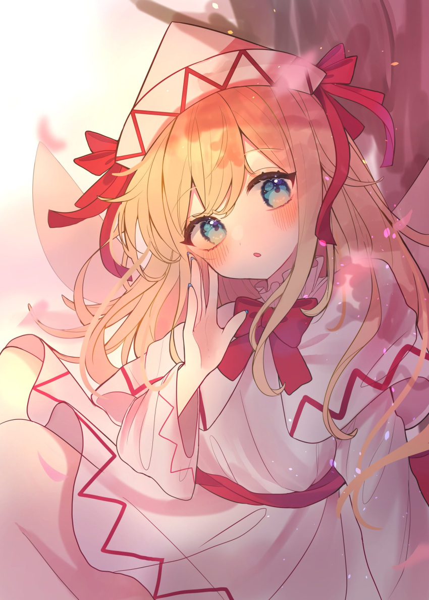 1girl blonde_hair blue_eyes blue_nails blush bow bowtie cherry_blossoms chikuwa_(tikuwaumai_) commentary_request dress fairy_wings hand_up hat hat_ribbon highres lily_white long_hair looking_at_viewer red_bow red_bowtie red_ribbon ribbon solo spring_(season) touhou upper_body white_dress white_headwear wide_sleeves wings
