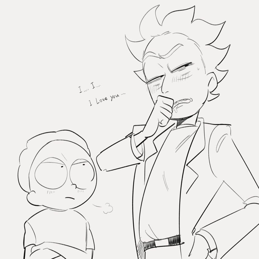 2boys blush crossed_arms grandfather_and_grandson highres labcoat looking_away looking_to_the_side messy_hair morty_smith multiple_boys nipo636 rick_and_morty rick_sanchez short_hair spiky_hair tsundere vomit