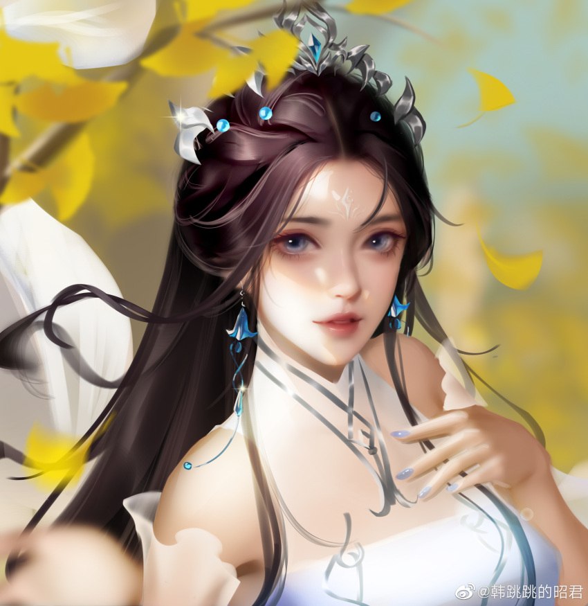 1girl absurdres blue_eyes blurry blurry_background brown_hair detached_sleeves earrings facial_mark falling_leaves forehead_mark hair_ornament hand_on_own_chest hantiaotiao_de_zhaojun highres jewelry leaf long_hair lu_xueqi_(zhu_xian) parted_lips shiny shiny_hair solo upper_body zhu_xian