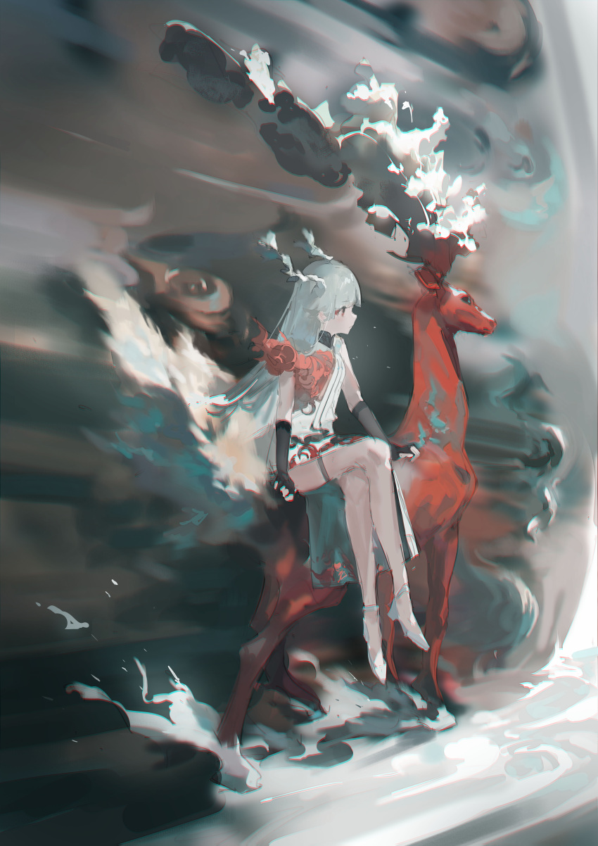 1girl absurdres animal deer dress gloves gradient gradient_background highres long_hair looking_to_the_side original scenery sitting smoke solo white_dress white_hair zygocactus