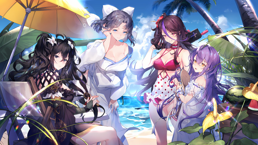 4girls absurdres bangs beach benghuai_xueyuan black_dress black_hair blue_eyes bow character_request dress hair_bow highres honkai_(series) houraiji_kyuushou long_hair multiple_girls ocean official_art parasol polka_dot purple_hair short_hair sirin sitting smile summer swimsuit twintails umbrella white_bow white_dress yellow_eyes