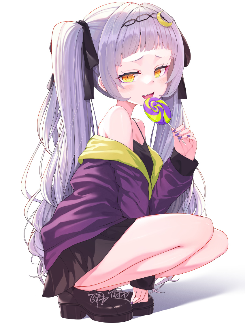 1girl absurdres bangs between_legs black_ribbon black_skirt black_tank_top blunt_bangs blush breasts candy commentary_request fangs food grey_background grey_hair hair_ornament hair_ribbon hairband hand_between_legs hand_up highres holding holding_candy holding_food holding_lollipop hololive jacket kage_(ka_9e_4su) lollipop long_hair looking_at_viewer miniskirt murasaki_shion nail_polish off_shoulder open_mouth orange_eyes pleated_skirt purple_jacket purple_nails ribbon shadow shiny shiny_skin sidelocks skirt small_breasts solo squatting tank_top thighs twintails virtual_youtuber