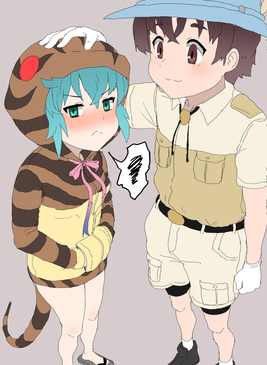 1boy 1girl absurdres bike_shorts bike_shorts_under_shorts blue_hair blush brown_hair captain_(kemono_friends) collared_shirt commentary_request embarrassed gloves green_eyes hand_on_another's_head hands_in_pockets highres hood hood_up hoodie kemono_friends kemono_friends_3 khakis kumasyan1998 long_sleeves print_hoodie sandals shirt short_hair short_sleeves shorts snake_print snake_tail t-shirt tail tsuchinoko_(kemono_friends) uniform white_gloves