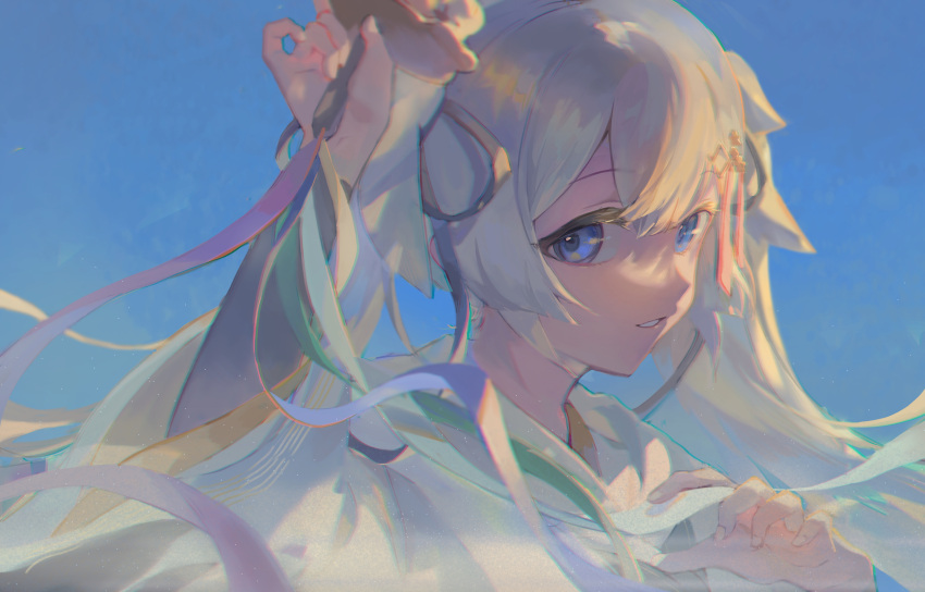 1girl adjusting_hair arm_up arm_warmers black_ribbon blue_eyes blue_ribbon blue_sky commentary_request grin hair_ribbon hand_up hatsune_miku highres hlymoriia light_green_hair long_hair looking_at_viewer red_ribbon ribbon shirt sideways_glance sky sleeves_past_elbows smile solo twintails upper_body vocaloid white_shirt