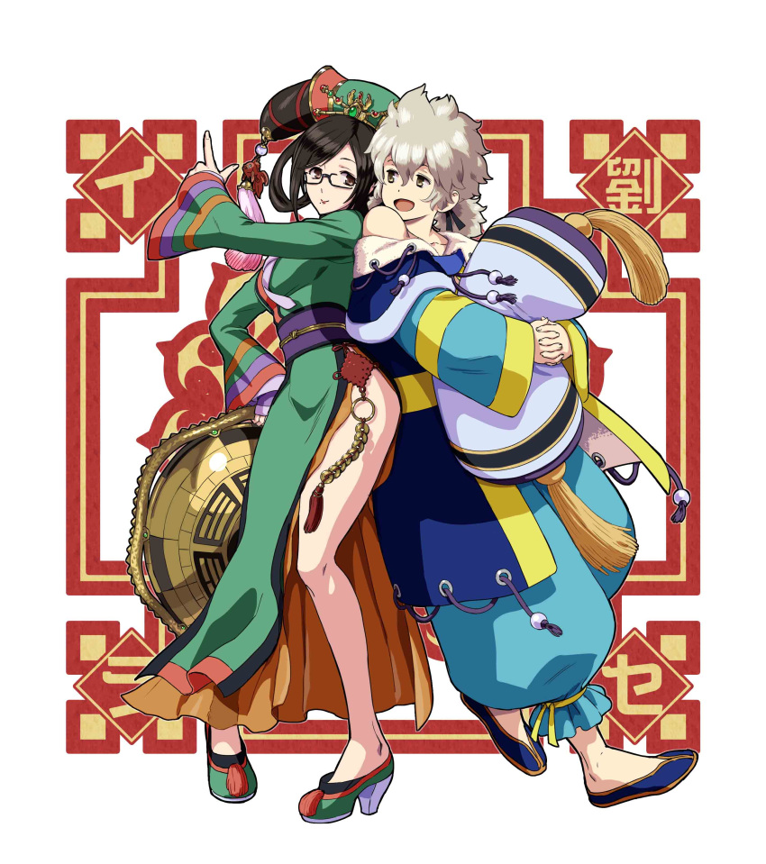 2girls :d absurdres back-to-back bare_shoulders black_eyes black_hair blonde_hair blue_dress blue_footwear character_request china_dress chinese_clothes closed_mouth dress full_body glasses green_dress green_footwear hair_ornament highres holding long_hair long_sleeves medium_hair multiple_girls off_shoulder official_art open_mouth pillow samurai_spirits smile snk standing white_background wu-ruixiang yellow_eyes