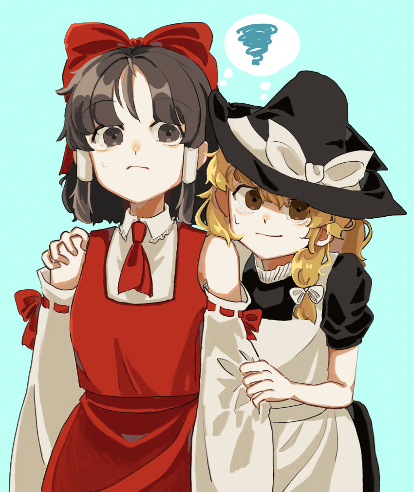 2girls absurdres apron ascot bare_shoulders black_dress black_eyes black_hair blonde_hair blue_background bow cassis_ore closed_mouth commentary_request detached_sleeves dress embodiment_of_scarlet_devil hair_bow hair_tubes hakurei_reimu hat highres kirisame_marisa long_hair long_sleeves multiple_girls puffy_short_sleeves puffy_sleeves red_ascot red_bow red_ribbon red_skirt red_vest ribbon ribbon-trimmed_sleeves ribbon_trim short_hair short_sleeves sidelocks skirt skirt_set smile spoken_squiggle squiggle sweatdrop touhou upper_body vest white_apron white_sleeves wide_sleeves witch witch_hat yellow_eyes