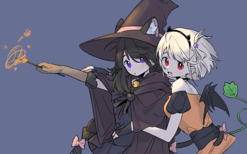 2girls :d animal_ears bare_shoulders bell black_dress black_gloves black_hair blonde_hair blush cape cat_ears cat_ornament cat_tail dress gloves grey_background hat highres holding holding_wand hug inoue_takina jingle_bell long_hair looking_at_viewer lycoris_recoil multiple_girls nishikigi_chisato open_mouth orange_dress purple_cape purple_headwear red_eyes shioneko114 short_hair smile tail violet_eyes wand witch_hat