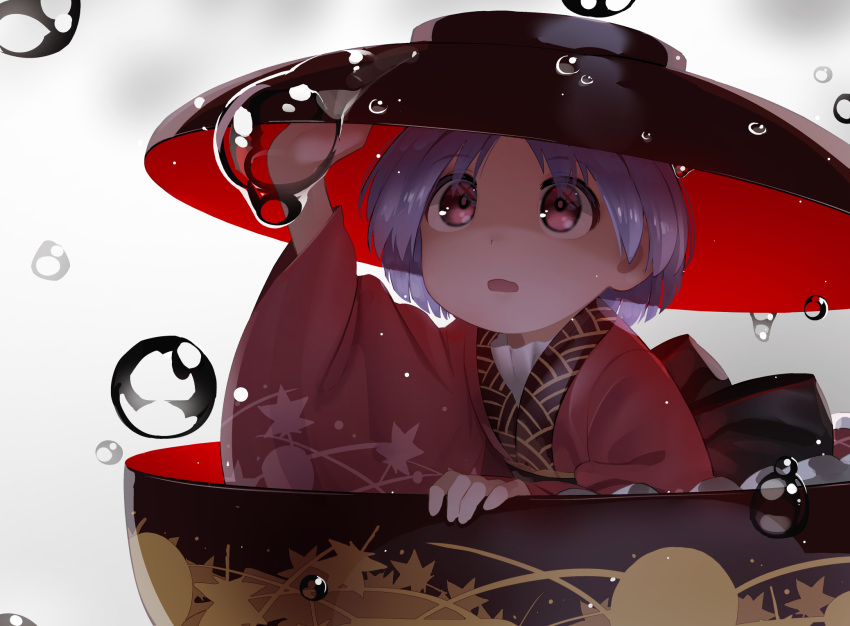 1girl arm_up bangs black_bow bow commentary_request highres in_bowl in_container japanese_clothes kimono long_sleeves monosenbei open_mouth parted_bangs purple_hair red_eyes red_kimono solo sukuna_shinmyoumaru touhou water_drop wide_sleeves