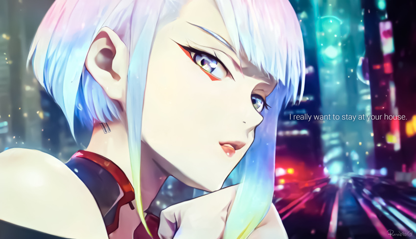 1girl absurdres bangs bob_cut cityscape cyberpunk cyberpunk_(series) cyberpunk_2077 cyberpunk_edgerunners english_text grey_hair highres looking_at_viewer lucy_(cyberpunk) short_hair sleeveless song_name tobarana white_hair