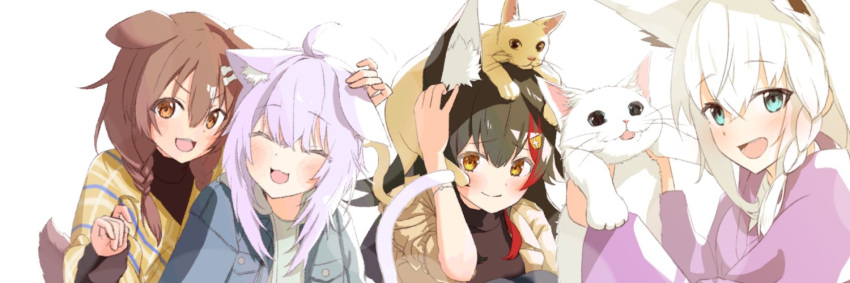 4girls ahoge animal animal_ear_fluff animal_ears animal_on_head babinch bangs black_hair black_shirt blush braid brown_eyes brown_hair cardigan cat cat_ears cat_girl cat_on_head cat_tail commentary_request dog_ears dog_girl dog_tail extra_ears fox_ears fox_girl green_eyes hair_between_eyes hair_ornament hairclip hand_on_another's_head holding holding_animal holding_cat hololive hololive_gamers inugami_korone long_hair looking_at_viewer multicolored_hair multiple_girls nekomata_okayu on_head ookami_mio open_mouth purple_cardigan purple_hair redhead shirakami_fubuki shirt sidelocks simple_background single_braid smile streaked_hair tail white_background white_hair wolf_ears wolf_girl yellow_cardigan yellow_eyes