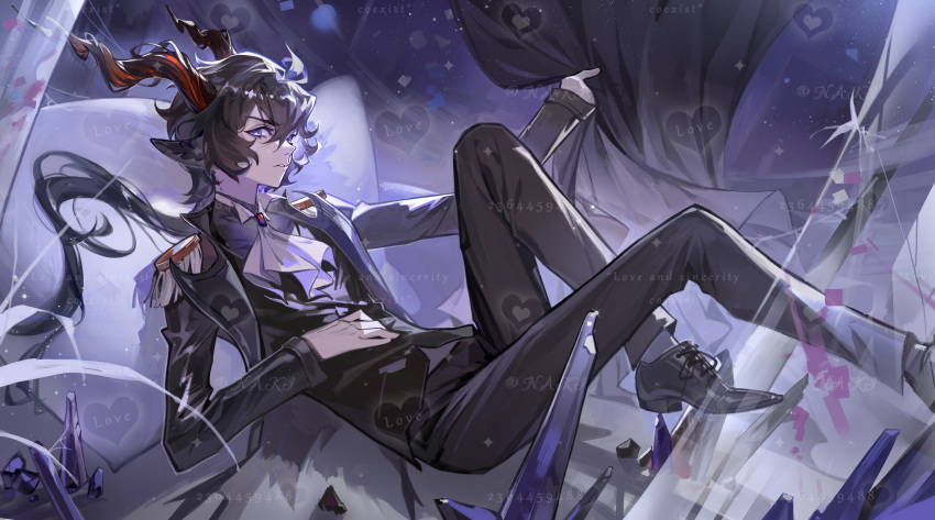 1boy absurdres animal_ears arknights bishounen black_hair choro-nakini curtains ebenholz_(arknights) english_text formal full_body goat_boy goat_ears heart highres long_hair looking_at_viewer male_focus neckerchief ponytail shoes solo suit violet_eyes