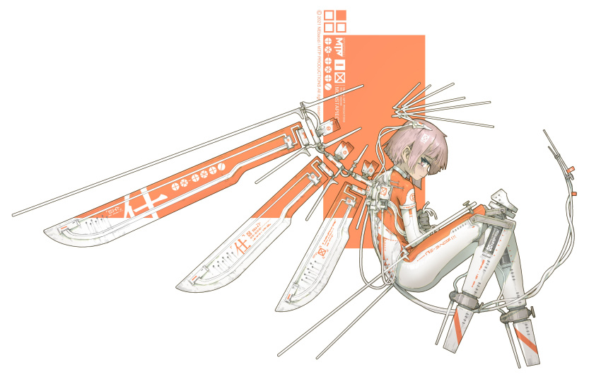 1girl absurdres closed_mouth copyright highres looking_at_viewer mechanical_legs mechanical_wings ne_baozi original pink_hair rectangle short_hair sitting smile solo white_background wings wire writing