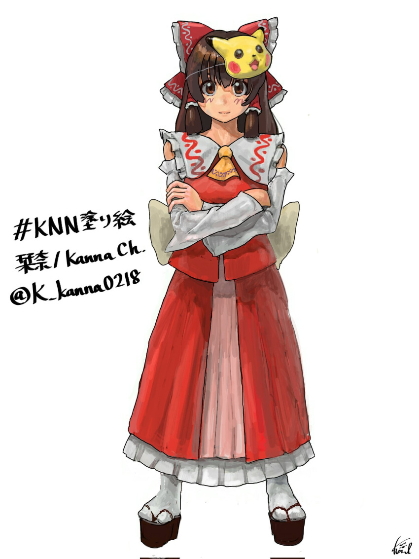 1girl ascot bangs blush bow brown_eyes brown_hair closed_mouth commentary_request cookie_(touhou) crossed_arms detached_sleeves expressionless frilled_bow frilled_hair_tubes frilled_shirt_collar frilled_skirt frills full_body gomibako_(5zu4bi5tkssxkah) hair_bow hair_tubes hakurei_reimu highres kanna_(cookie) long_hair looking_at_viewer mask mask_on_head pikachu platform_footwear pokemon red_bow red_shirt red_skirt sandals shirt sidelocks simple_background skirt skirt_set sleeveless sleeveless_shirt socks solo standing tabi touhou white_background white_sleeves white_socks yellow_ascot