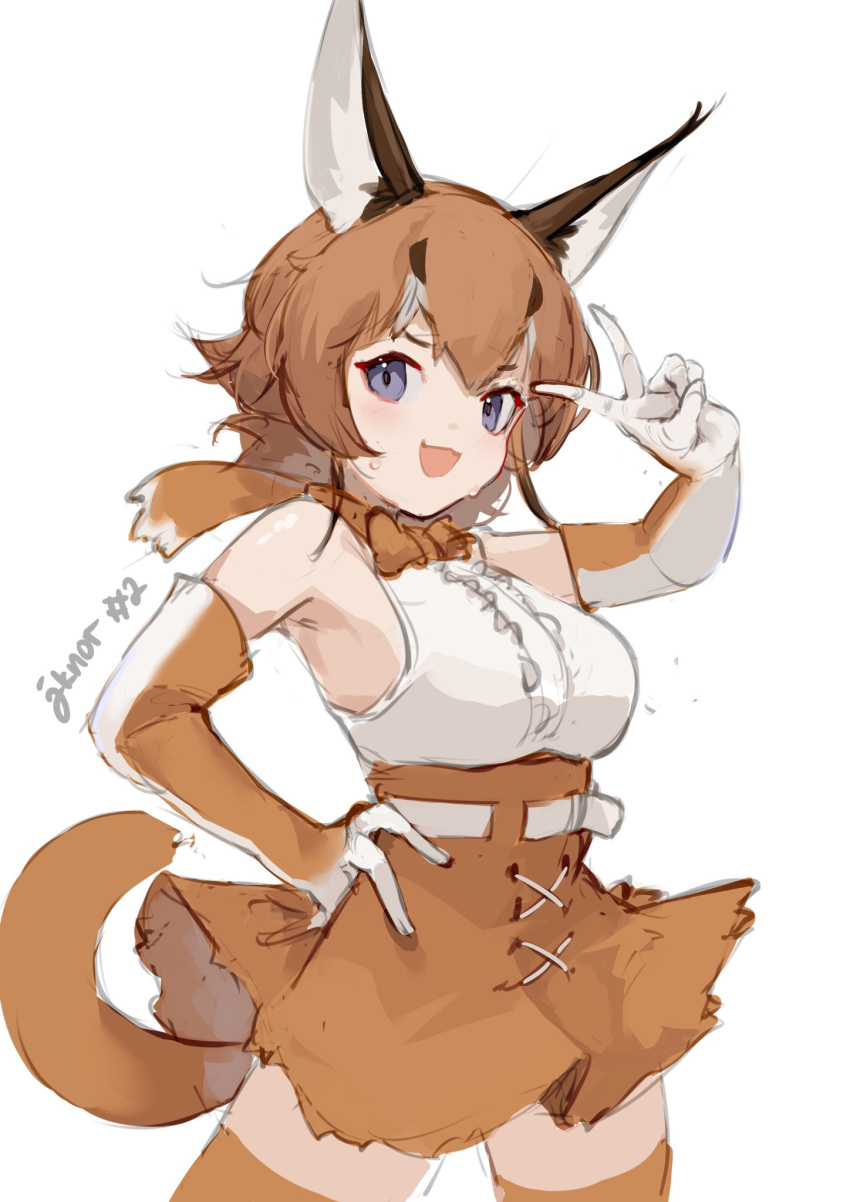 1girl bare_shoulders blue_eyes blush bow bowtie brown_bow brown_bowtie brown_gloves brown_hair brown_skirt brown_thighhighs caracal_(kemono_friends) caracal_ears cat_girl cat_tail commentary gloves hand_on_hip high-waist_skirt highres jknor719 kemono_friends looking_at_viewer multicolored_hair shirt short_hair skirt solo tail thigh-highs v white_hair white_shirt zettai_ryouiki