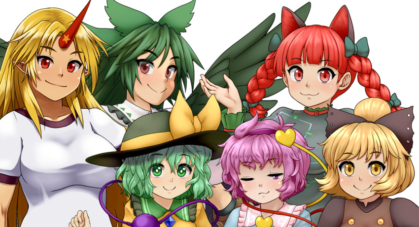 6+girls :3 animal_ears blouse bow braid cat_ears cat_tail d.koutya extra_ears eyeball green_bow green_eyes green_hair hair_bow hair_ornament hairband hat hat_ribbon heart heart-shaped_pupils heart_hair_ornament heart_of_string horns hoshiguma_yuugi kaenbyou_rin komeiji_koishi komeiji_satori kurodani_yamame long_hair multiple_girls multiple_tails pink_eyes pink_hair pointy_ears red_eyes redhead reiuji_utsuho ribbon shirt short_hair siblings single_horn sisters string subterranean_animism symbol-shaped_pupils tail third_eye touhou twin_braids yellow_shirt