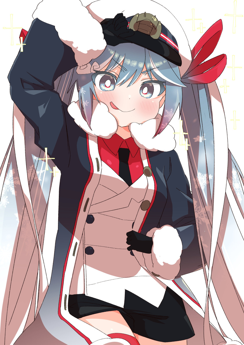 1girl :p absurdres black_coat black_gloves black_necktie black_shorts blue_eyes blue_hair blush buttons coat colored_tips commentary cowboy_shot crab_hair_ornament double-breasted fur-trimmed_coat fur_trim gloves gradient_hair hair_ribbon hand_on_hip hand_up hatsune_miku highres jacket light_blue_hair looking_at_viewer military military_uniform multicolored_hair naval_uniform necktie red_ribbon red_shirt red_thighhighs redhead ribbon shirt short_shorts shorts smile snowflake_print solo sparkle_background thigh-highs tongue tongue_out uniform uruti_2388 v-shaped_eyebrows vocaloid white_headwear white_jacket yuki_miku yuki_miku_(2022)