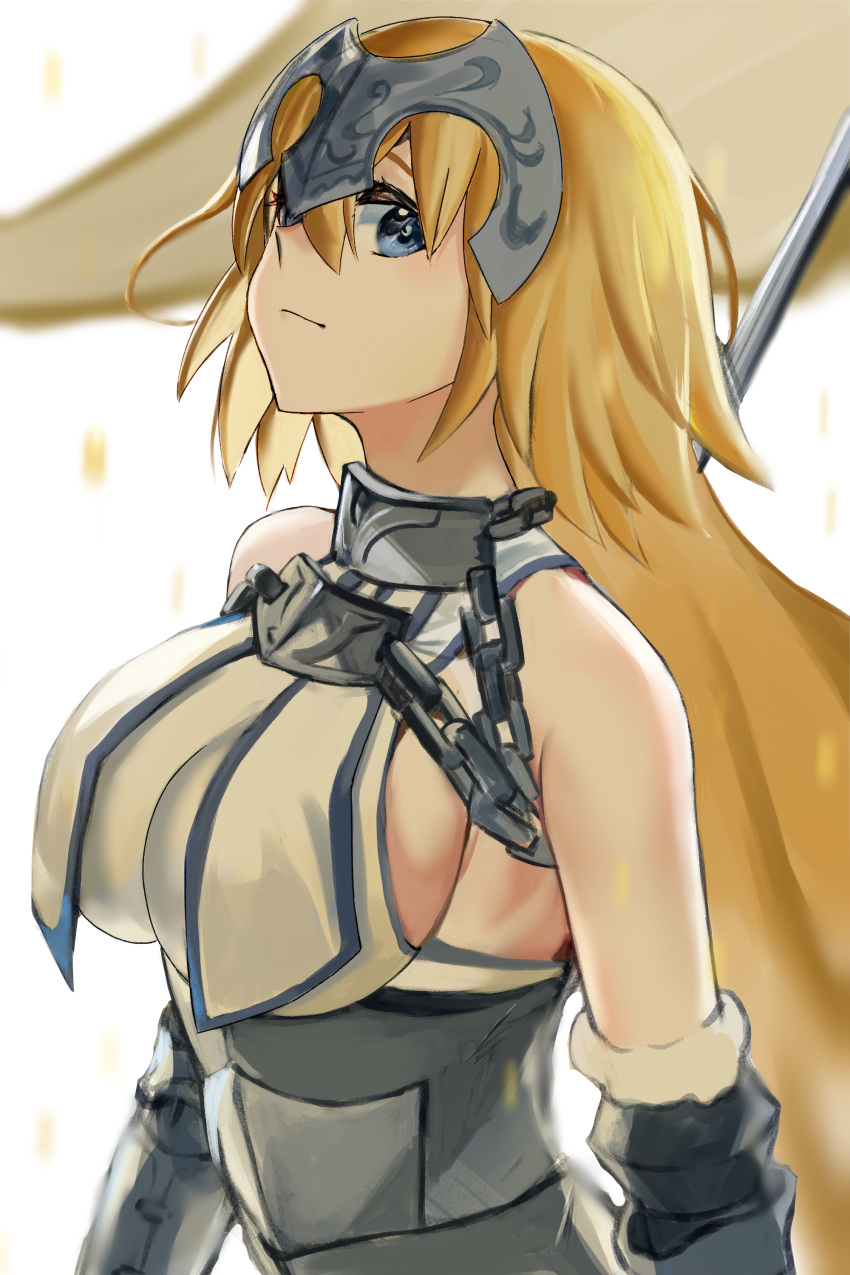 1girl absurdres armor armored_dress bangs blonde_hair blue_eyes breasts chain collar eyebrows_hidden_by_hair fate/apocrypha fate/grand_order fate_(series) flag hair_between_eyes headpiece highres holding holding_flag jeanne_d'arc_(fate) jeanne_d'arc_(ruler)_(fate) large_breasts long_hair looking_at_viewer sideboob smile solo taruto_(takug0812) upper_body