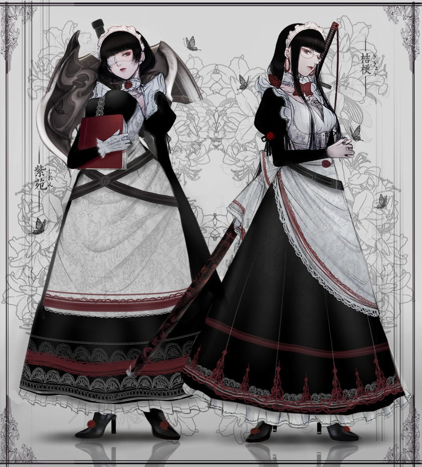 2girls apron bangs black_dress black_hair blunt_bangs book bow breasts bug butterfly chest_tattoo choker dress eyepatch flower frilled_dress frills glasses gloves highres holding holding_book huge_weapon long_dress long_hair maid maid_headdress mole mole_under_mouth multiple_girls original red_bow red_flower red_lips red_rose rose satsuki_kei sheath sheathed sidelocks sword tattoo weapon white_choker white_gloves