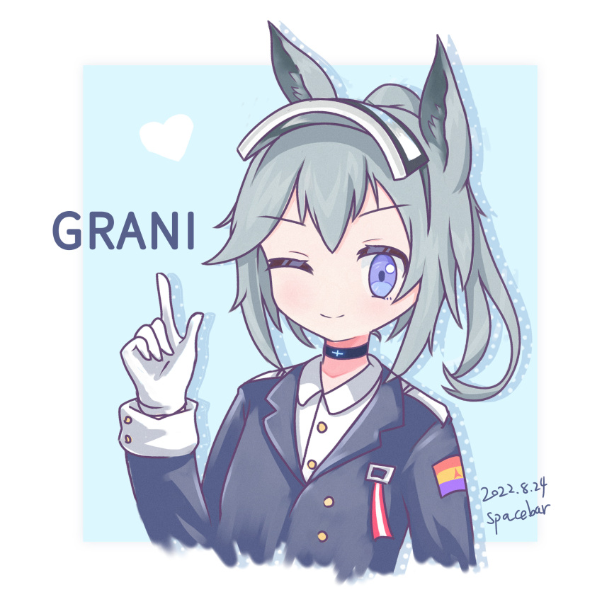 1girl akalinxing_konggejun animal_ears arknights bangs black_choker blue_eyes character_name choker closed_mouth collared_shirt commentary_request dated gloves grani_(arknights) grey_hair hair_between_eyes highres horse_ears long_hair one_eye_closed pointing pointing_up shirt smile solo white_gloves white_shirt