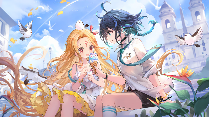 2girls absurdres ahoge animal_on_head aqua_eyes aqua_hair aqua_necktie benghuai_xueyuan bird bird_on_head black_choker black_hair black_shorts blonde_hair braid choker dress earrings food frilled_dress frills highres honkai_(series) ice_cream jewelry multiple_girls necktie official_art on_head outdoors pink_eyes shorts side_braid sitting sundress totori_(benghuai_xueyuan) wendy_(honkai_impact) white_dress wind