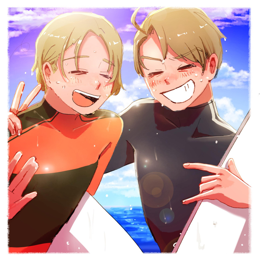 2boys ahoge america_(hetalia) axis_powers_hetalia blonde_hair blue_sky bodysuit brothers canada_(hetalia) eyewear_removed grin highres holding holding_surfboard lens_flare male_focus male_swimwear multiple_boys ocean outdoors pcpc_onaka siblings sky smile surfboard tan v v-shaped_eyebrows wet wet_hair wetsuit