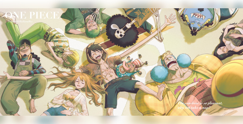 2girls 6+boys absurdres afro artist_name black_choker black_hair blonde_hair blue_hair book brook_(one_piece) choker closed_eyes commentary commentary_request copyright_name earrings english_text eyelashes facial_hair franky_(one_piece) goatee green_hair hat headphones highres jewelry jinbe_(one_piece) jolly_roger long_hair lying monkey_d._luffy mrs.custard multiple_boys multiple_girls nami_(one_piece) nico_robin on_back one_piece orange_hair roronoa_zoro sanji_(one_piece) scar scar_across_eye scar_on_chest short_hair skeleton sleeping straw_hat straw_hat_pirates straw_hats_jolly_roger tony_tony_chopper twitter_username usopp