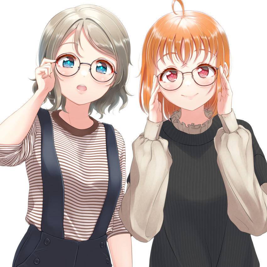 2girls adjusting_eyewear ahoge arm_up bangs black_sweater blue_eyes blue_skirt collar frilled_collar frills glasses grey_hair grey_shirt hands_up highres long_sleeves looking_at_viewer love_live! love_live!_sunshine!! multiple_girls open_mouth orange_hair parted_hair puffy_sleeves red_eyes shirt short_hair simple_background skirt sleeves_past_elbows sleeves_past_wrists smile striped striped_shirt suspender_skirt suspenders sweater takami_chika toine watanabe_you white_background