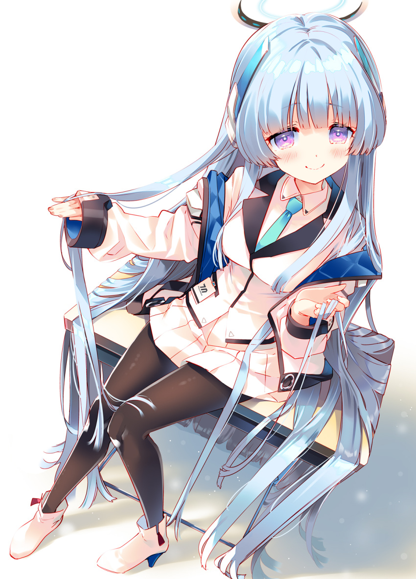 1girl arikawa_satoru black_pantyhose blue_archive blue_necktie boots breasts collared_shirt desk formal grey_hair hair_between_eyes halo hand_in_own_hair headphones highres jacket large_breasts long_hair long_sleeves looking_at_viewer mechanical_halo necktie noa_(blue_archive) on_desk open_clothes open_jacket pantyhose pleated_skirt school_desk shirt simple_background sitting sitting_on_desk skirt smile solo suit very_long_hair violet_eyes white_background white_jacket white_skirt white_suit