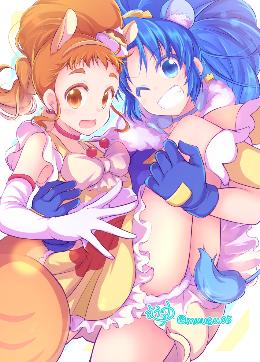 2girls absurdres animal_ears arisugawa_himari blue_choker blue_gloves carrying choker crown_earrings cure_custard cure_gelato dress earrings elbow_gloves extra_ears food food-themed_hair_ornament gloves hair_ornament highres ice_cream jewelry kirakira_precure_a_la_mode lion lion_ears lion_tail long_hair magical_girl multiple_girls muusu neck_bobbles one_eye_closed pom_pom_(clothes) pom_pom_earrings ponytail precure princess_carry pudding smile socks squirrel squirrel_ears squirrel_tail tail tategami_aoi white_gloves yellow_dress yellow_socks