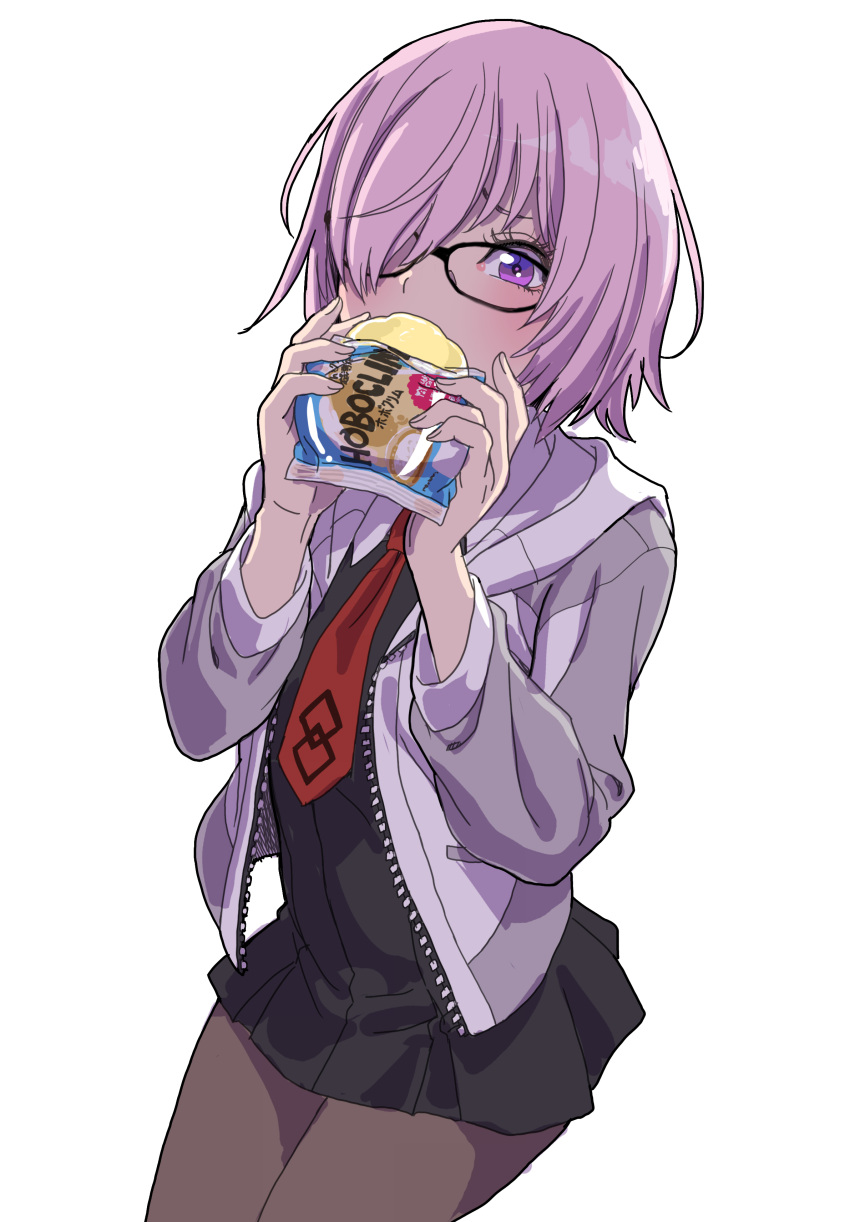 1girl absurdres black-framed_eyewear black_dress black_pantyhose collared_dress commentary_request cowboy_shot dress eating fate/grand_order fate_(series) food glasses grey_background hair_over_one_eye highres holding holding_food jacket looking_at_viewer mash_kyrielight necktie open_clothes open_jacket pantyhose pleated_dress purple_hair red_necktie short_dress short_hair simple_background solo standing violet_eyes white_background yamashita_shun'ya
