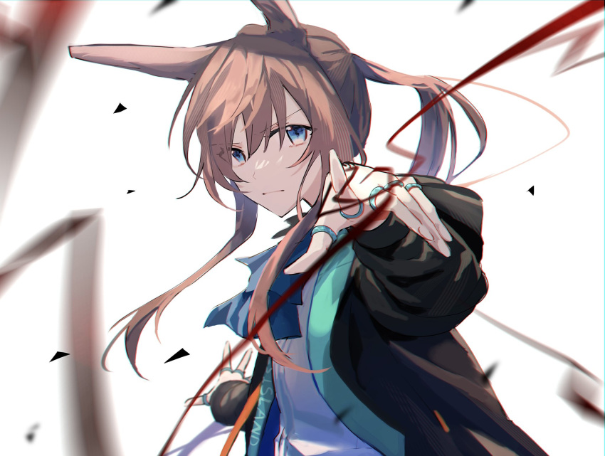 1girl amiya_(arknights) animal_ears arknights ascot black_jacket blue_ascot blue_eyes brown_hair casting floating_hair hair_between_eyes hand_up highres hood hood_down hooded_jacket jacket jewelry long_hair multiple_rings originium_arts_(arknights) ponytail rabbit_ears rabbit_girl ring shinooooo22 shirt sidelocks simple_background solo upper_body v-shaped_eyebrows white_background white_shirt