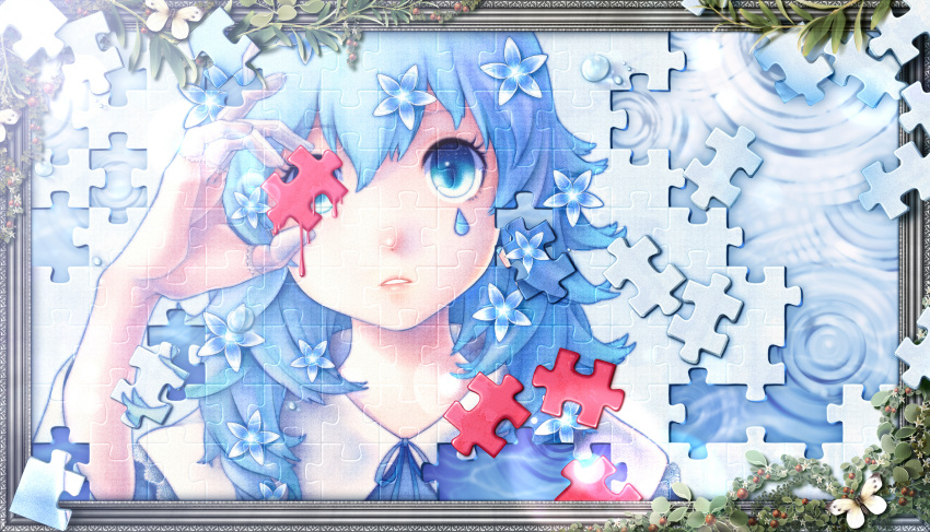 1girl bangs blue_eyes blue_flower blue_hair blue_ribbon blue_shirt bouno_satoshi bug butterfly covering_one_eye dot_nose finger_cots flower framed hair_between_eyes hair_flower hair_ornament hand_up highres jigsaw_puzzle lace-trimmed_collar lace_trim leaf looking_at_viewer medium_hair neck_ribbon parted_lips portrait puzzle puzzle_girl_(vocaloid) ribbon ripples shirt sleeves_past_elbows solo spiky_hair teardrop teeth wing_collar