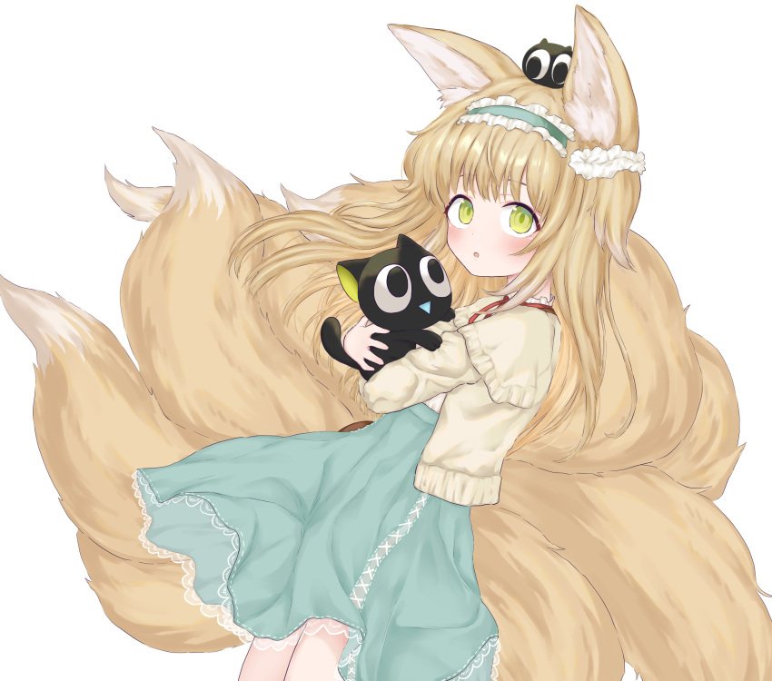 1girl :o absurdres animal_ear_fluff animal_ears animal_hug arknights bangs black_cat blue_hairband blue_skirt blush cat crossover eyes_visible_through_hair fox_ears fox_girl fox_tail frilled_hairband frills from_side green_eyes hairband heixiu highres jacket kitsune long_sleeves looking_at_viewer looking_to_the_side luoxiaohei neck_ribbon on_head parted_lips red_ribbon ribbon rla13753 shirt skirt suzuran_(arknights) suzuran_(spring_praise)_(arknights) tail the_legend_of_luo_xiaohei white_jacket white_shirt