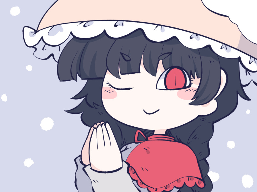 1girl ajirogasa black_hair blush_stickers braid capelet closed_mouth dress fried_rice0614 grey_dress hat long_earlobes long_hair long_sleeves one-hour_drawing_challenge one_eye_closed palms_together red_capelet red_eyes smile solo touhou twin_braids upper_body yatadera_narumi