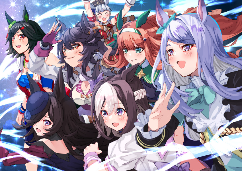 6+girls absurdres animal_ears bangs english_commentary gold_ship_(umamusume) headband highres horse_ears horse_girl kento_(kentdrawing) long_hair looking_at_viewer looking_to_the_side mejiro_mcqueen_(umamusume) multiple_girls narita_taishin_(umamusume) open_mouth rice_shower_(umamusume) running short_hair silence_suzuka_(umamusume) special_week_(umamusume) umamusume winning_ticket_(umamusume)