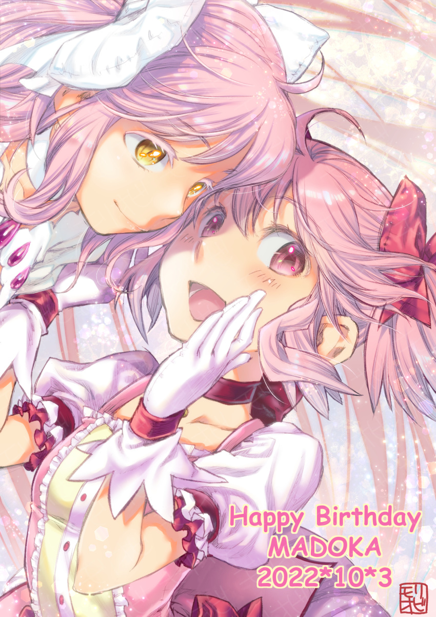2girls birthday blush bow breasts choker closed_mouth commentary_request gloves goddess_madoka hair_bow hands_up happy_birthday highres kaname_madoka looking_at_viewer magical_girl mahou_shoujo_madoka_magica mori_obi multiple_girls open_mouth pink_bow pink_eyes pink_hair portrait puffy_short_sleeves puffy_sleeves red_choker ribbon_choker short_hair short_sleeves short_twintails small_breasts smile twintails white_bow white_choker white_gloves yellow_eyes
