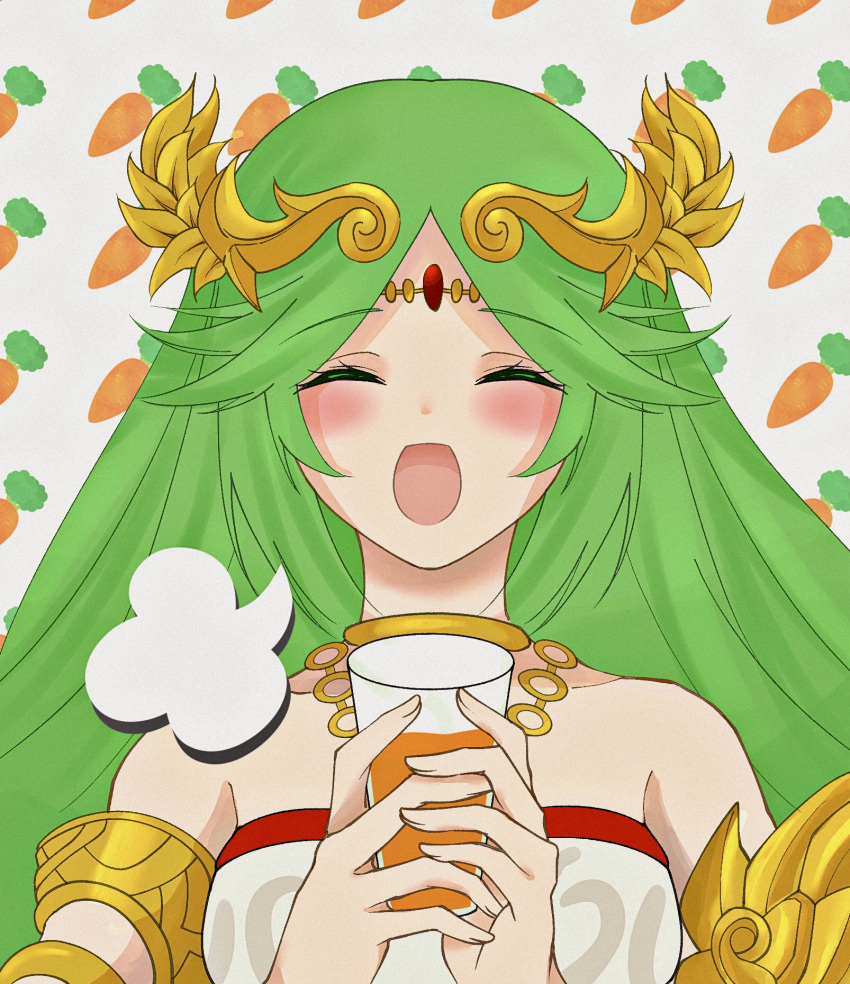 1girl :d ^_^ bare_shoulders blush carrot_juice closed_eyes commissioner_upload dress eeee_base female_solo green_hair kid_icarus_uprising necklace open_smile palutena parted_bangs satisfied skeb_commission sleeveless_dress solo solo_female strapless very_long_hair white_dress