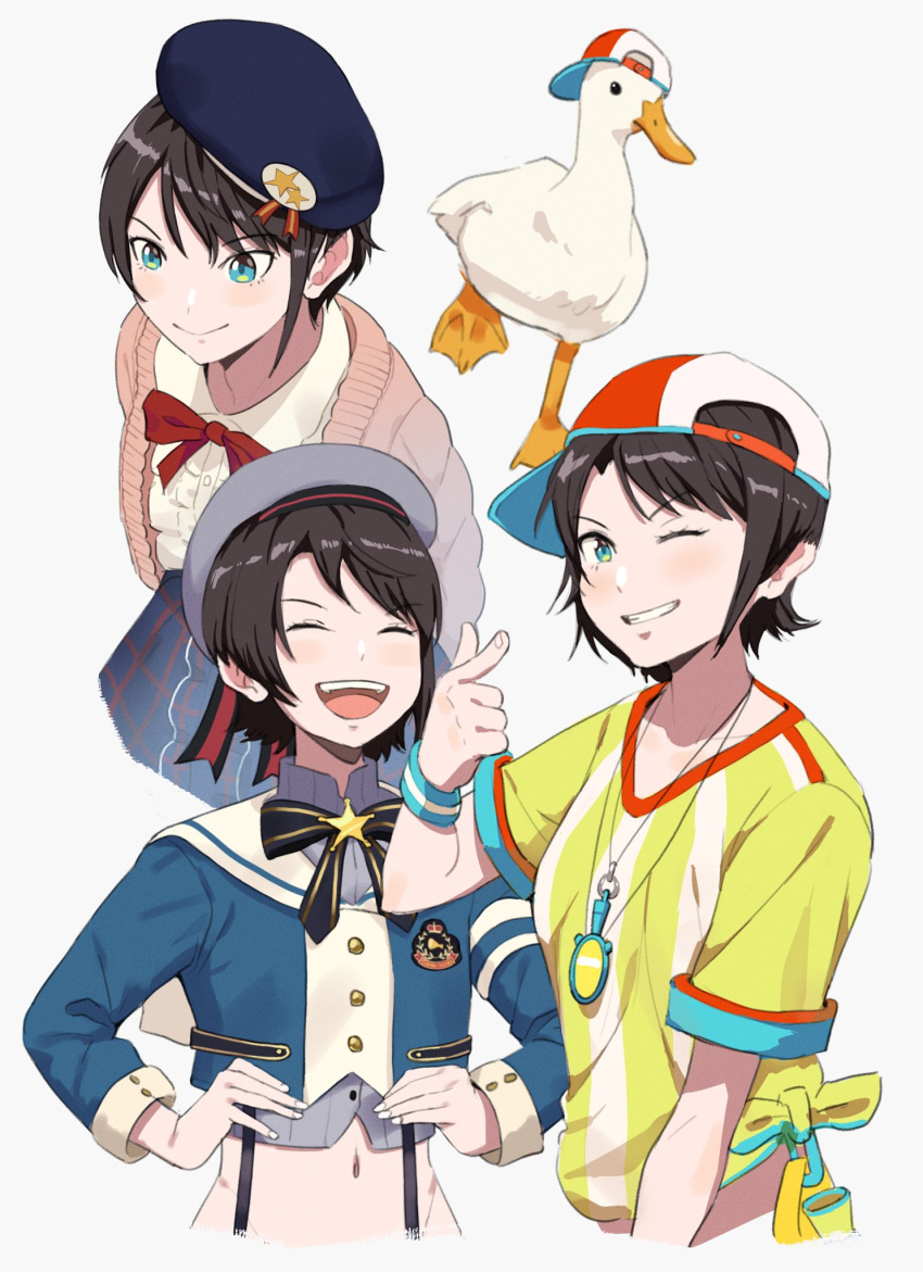 1girl aqua_eyes bird black_hair breasts closed_eyes crop_top duck francisco_mon hands_on_hips highres hololive medium_breasts official_alternate_costume one_eye_closed oozora_subaru open_mouth pointing sailor_collar sailor_shirt shirt short_hair sideways_hat smile stopwatch_around_neck striped striped_shirt subaru_duck suspenders tied_shirt tilted_headwear virtual_youtuber whistle whistle_around_neck