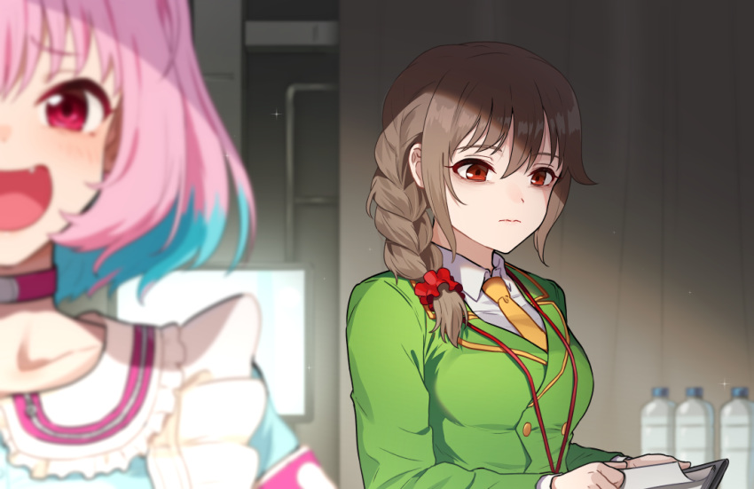 2girls bags_under_eyes bangs blue_hair blurry blurry_background blurry_foreground bottle braid brown_hair choker depth_of_field dress_shirt fang green_jacket hair_ornament hair_over_shoulder hair_scrunchie half-closed_eyes holding idolmaster idolmaster_cinderella_girls jacket kamille_(vcx68) lanyard long_sleeves multicolored_hair multiple_girls necktie pink_hair red_choker red_eyes red_scrunchie scrunchie selfie senkawa_chihiro shirt short_hair single_braid skin_fang two-tone_hair water_bottle white_shirt wing_collar yellow_necktie yumemi_riamu