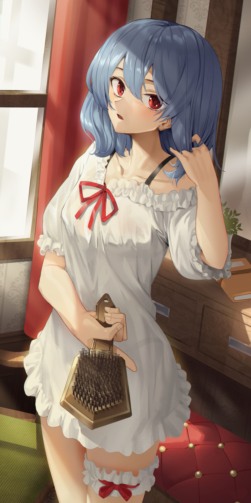 1girl absurdres blue_hair blush collarbone comb cowboy_shot curtains dress frilled_dress frilled_sleeves frills goback hair_between_eyes highres holding holding_comb open_mouth red_eyes remilia_scarlet short_hair short_sleeves solo touhou white_dress window