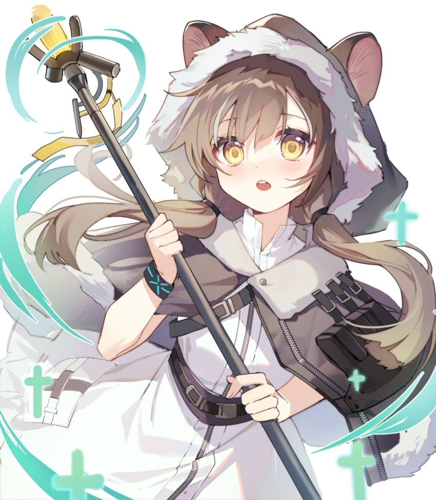 1girl :o animal_hood arknights bangs blush brown_capelet brown_hair capelet commentary_request dress floating_hair fur-trimmed_hood fur_trim hair_between_eyes hair_over_shoulder highres holding holding_staff honeyberry_(arknights) hood hood_up hooded_capelet long_hair looking_at_viewer low_twintails parted_lips simple_background solo staff teeth twintails upper_teeth white_background white_dress yellow_eyes yunweishukuang